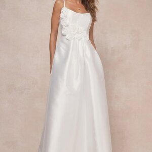 Lulus Dreamy Forever White Taffeta Rosette Maxi Dress With Pockets - Size S